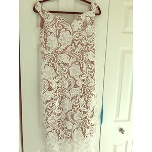 White/Nude Off the Shoulder Lace Midi